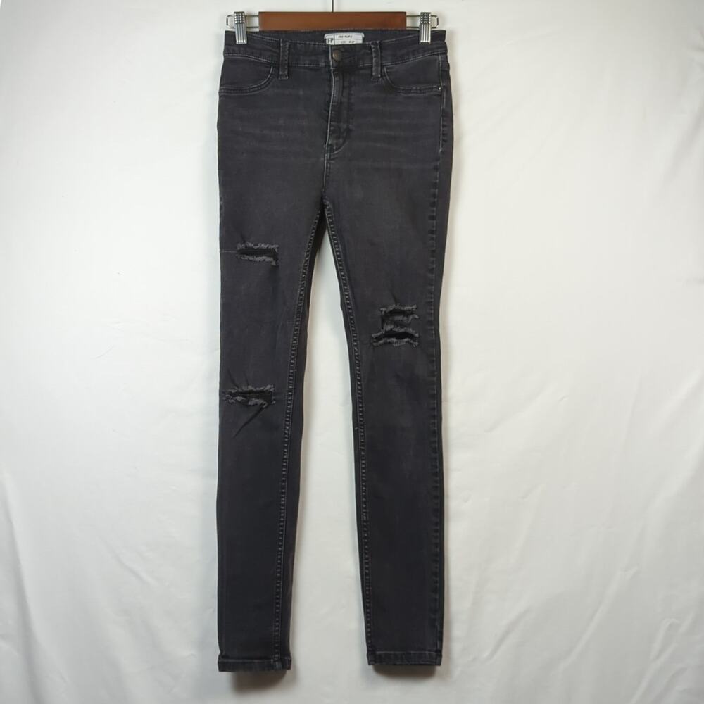 Free People Distressed Ankle Skinny Jeans | W27 | Black Stretch Denim Grunge Y2K